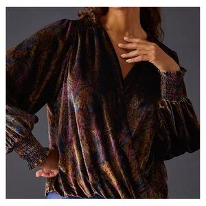 NWT Anthropologie 1X Velvet Faux Wrap Top Dark floral Paisley Blouse